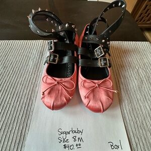 Dolls Kill Pink Ballet Flats with Black Studded Ankle Straps